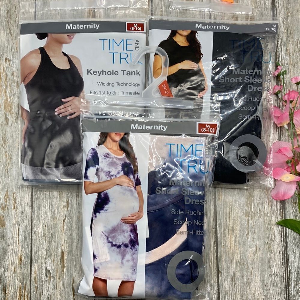 Maternity Short Sleeve Midi Dress Black & Tie Dye Print & Tank Top 3-Piece Sz M